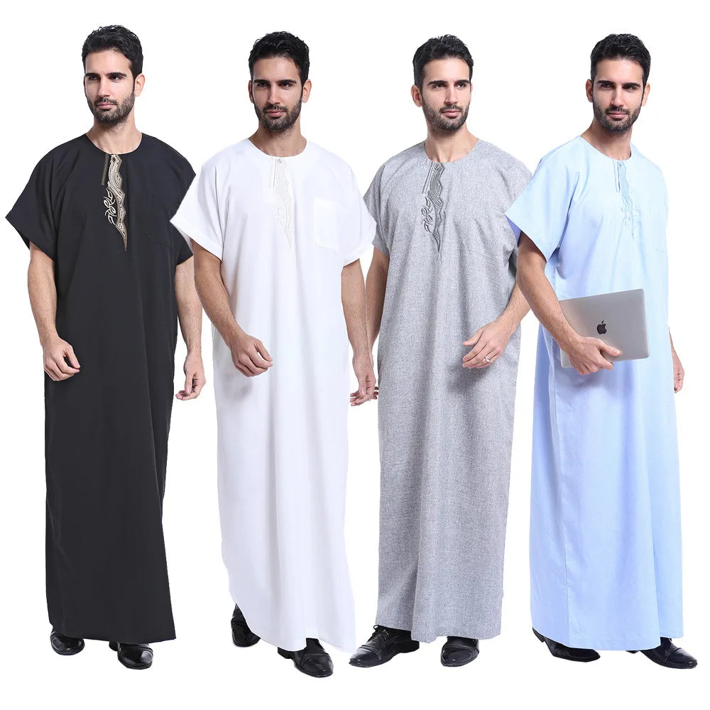 Muslim Kaftan for Men Round Collar Blue White Spring Elegant Robe Arab Vintage Long Sleeves Thobe Robe Turkey Embroidered