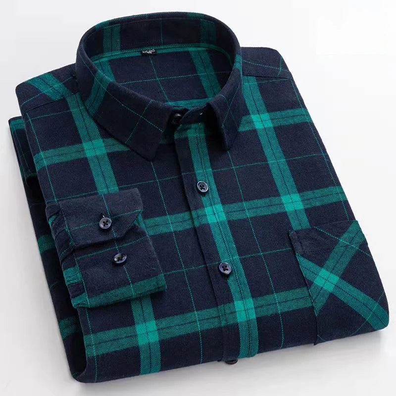 New Spring Long Sleeve Plaid Shirts For Men 100% Cotton Flannel Plus Size Easy care Confortable Top Casual Smart Dress Shirts