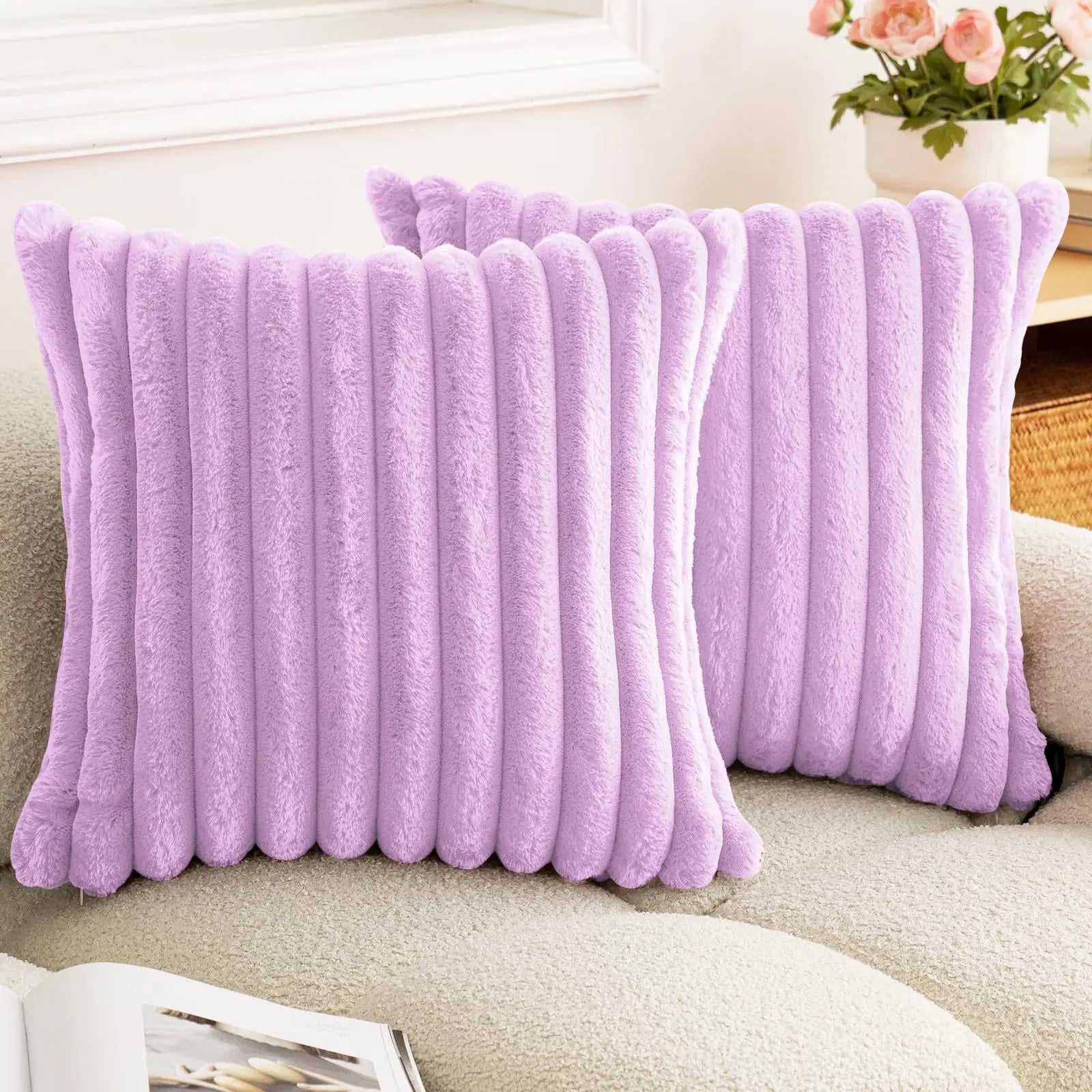 Faux Rabbit Fur Square Cushion Cover Big Thick Striped Super Soft Solid Color Pillow Cover 24×24inch Sofa Decor Cushion Covers