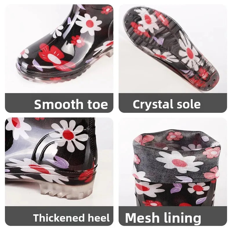 Anti-Slip High-Tube Crystal Flower Ladies Rain Boots PVC Material Kitchen Dining Hall Cleaning Fashionable Water Shoes