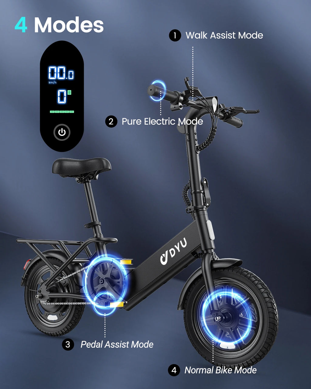【1 Year Warranty】DYU C3 14 inch Electric Bike Peak 500W Motor 280WH Battery Electric Bicycle,20mph  city E-bike UL2849