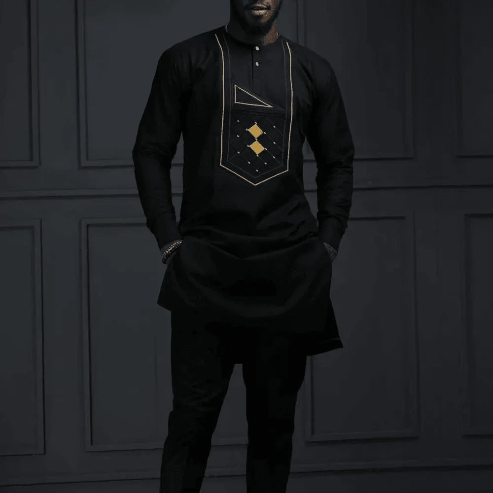 Kaftan Luxury Designer Men's Set African Clothing Men Suit Solid Color Embroidered Top and Sweatpant 2Pcs Festive Wedding Simple