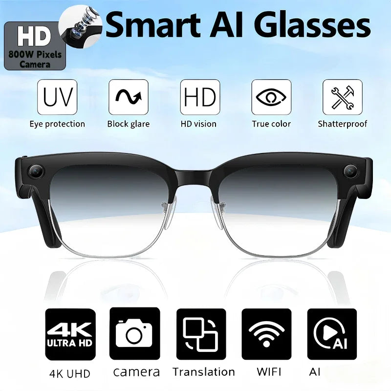 2026 AI Smart Glasses for Men And Women with 4K HD Camera 1080P Video 8MP 100+ Language Translation WiFi Bluetooth Call Sunglass
