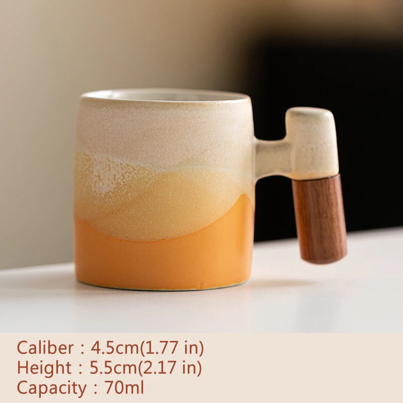 70ml Ceramic Coffee Cup with Wooden Handle - Vintage Kiln-Fired Style, Reusable, Hand Wash Only, Suitable for Office and Home Use, Perfect Birthday Gift, Coffee Bar Accessory, Espresso Cup, Coffee Mug