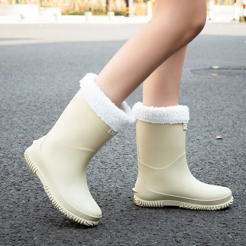 Fashionable Mid-Calf Women's Rain Boots Waterproof Slip-Resistant Thick Bottom Cute Outerwear PVC Material Low Heel Pure Color - Free Item Weekend (50% off).