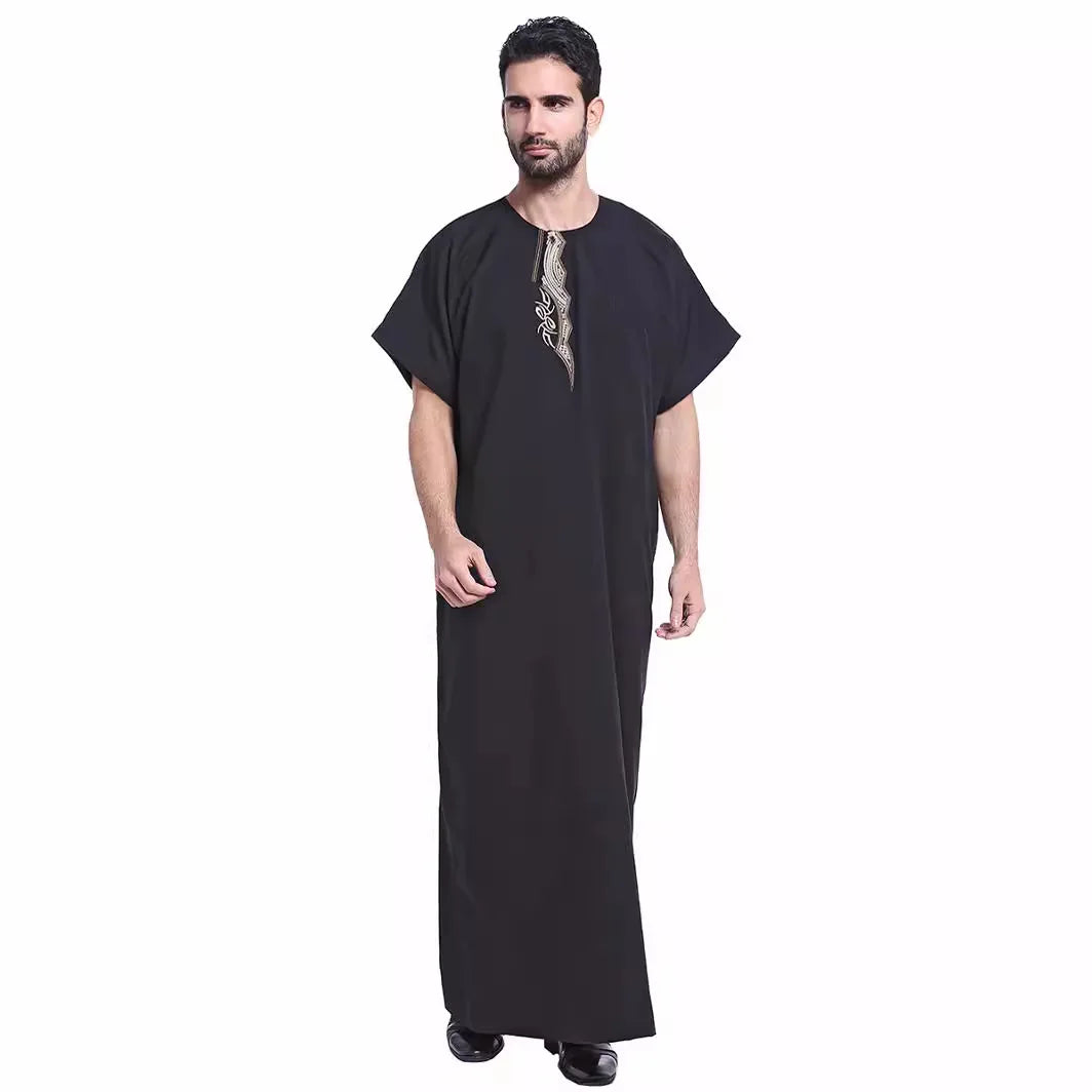 Muslim Kaftan for Men Round Collar Blue White Spring Elegant Robe Arab Vintage Long Sleeves Thobe Robe Turkey Embroidered
