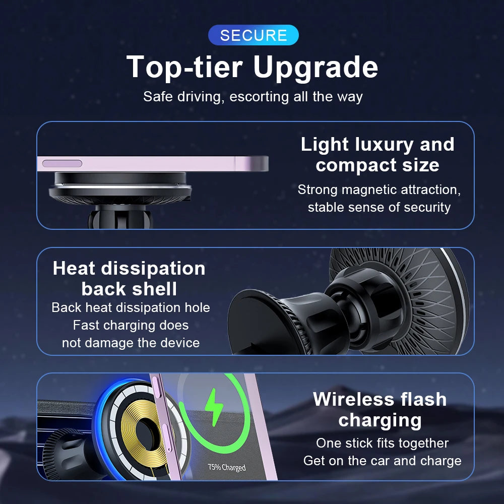 Magnetic Car Wireless Charger. Super Strong Magnetic Adsorption.Small Size And Portable.Fast charging.Blue Light/Scrolling Light