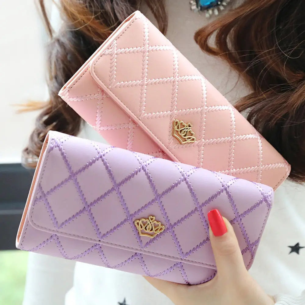 Fashion Women's Long Wallet Crown PU Leather Bifold Card Holder Money Purse Organizer Cellphone Handbag for Daily Use