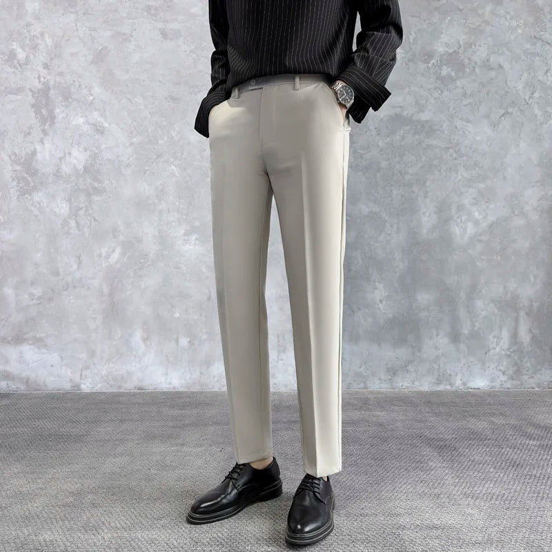 Summer Thin Men's White Casual Khakis 2025 New Nine-Piece Pants Side Button Busin Trendy Straight Leg Trousers for Young Men