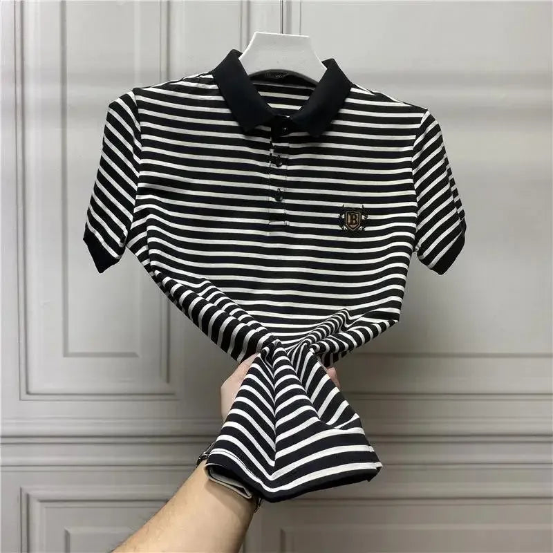 Clothes Black With Collar Male Tee Shirts Striped Polo Men's T-shirt New In Streetwear Ordinary Top Quick-drying Trend Popular
