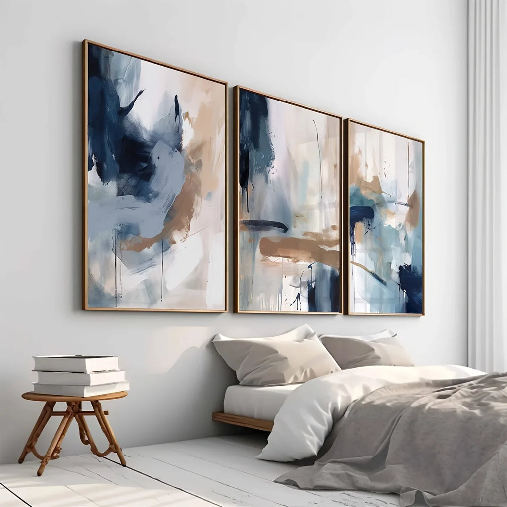 3pcs Abstract Navy Blue Geometric Canvas Print Minimalist Ink Paint Landscape Wall Art Poster for Modern Living Room Home Decor