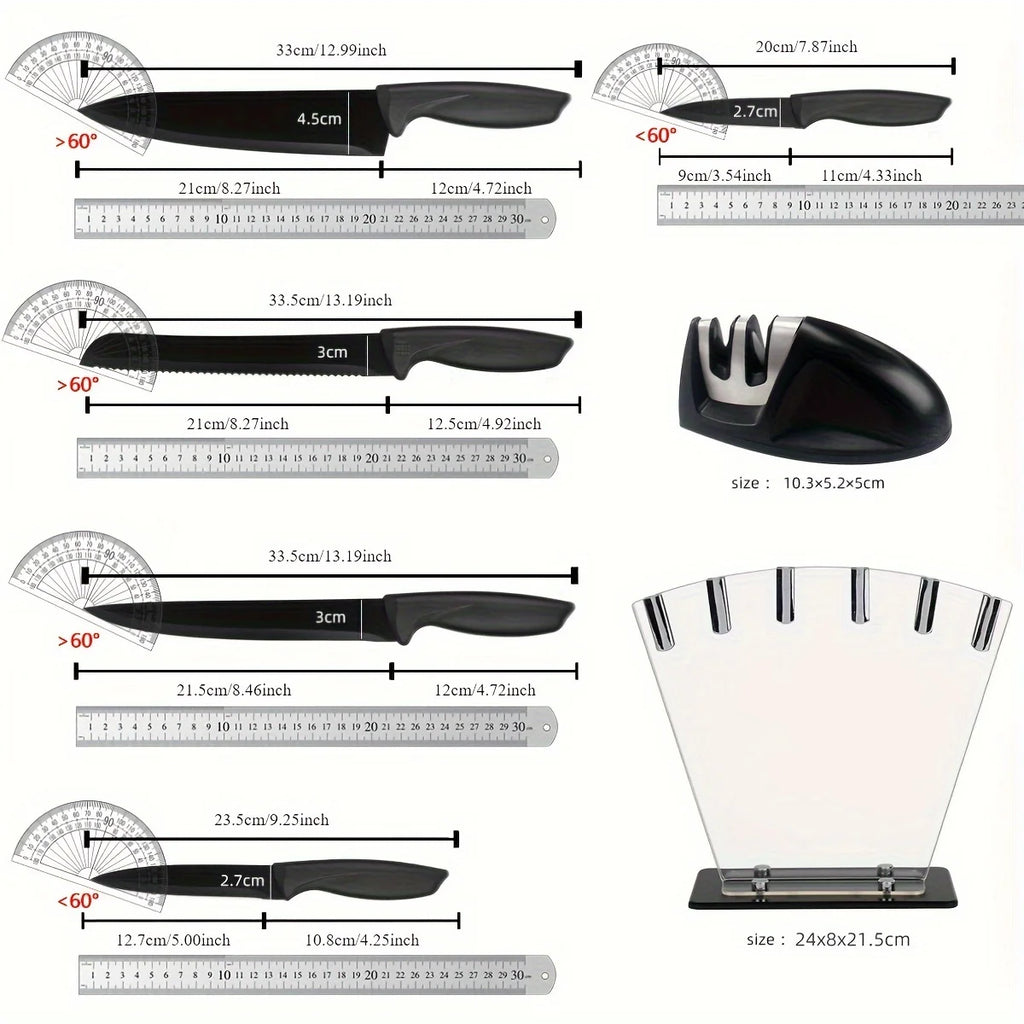 Kitchen knife 7-piece set, black professional stainless steel chef's knife with holder set home rust-proof and sharp meat cutter