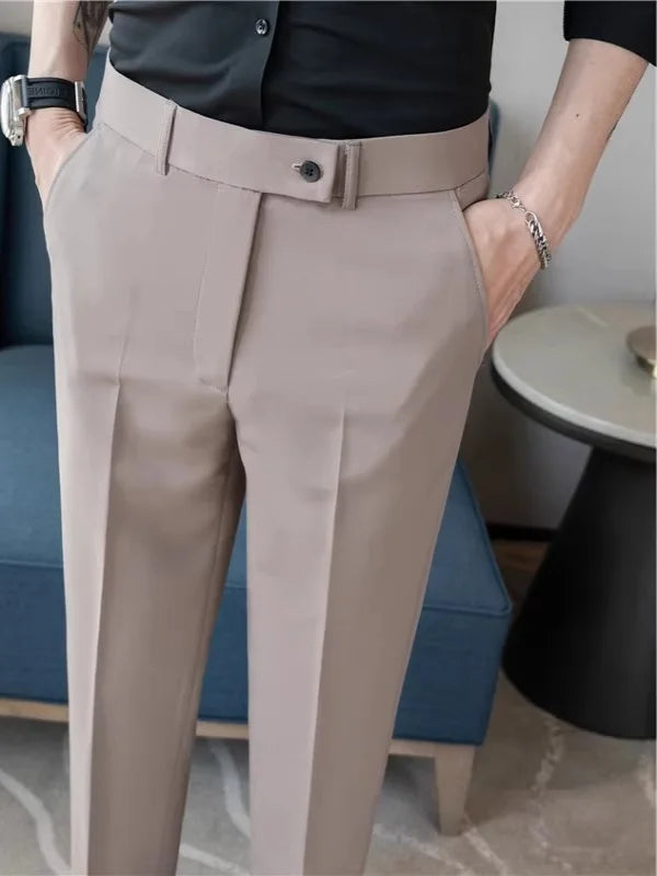 Summer Thin Men's White Casual Khakis 2025 New Nine-Piece Pants Side Button Busin Trendy Straight Leg Trousers for Young Men