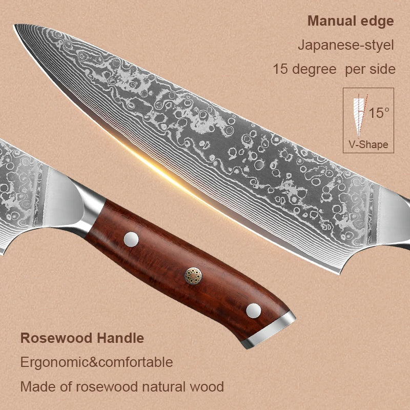 8 Inch Kitchen Chef Knife Set cooking kitchen Knife Japanese Kitchen Damascus Steel knife  Sharp Vegetable knife Rosewood Handle