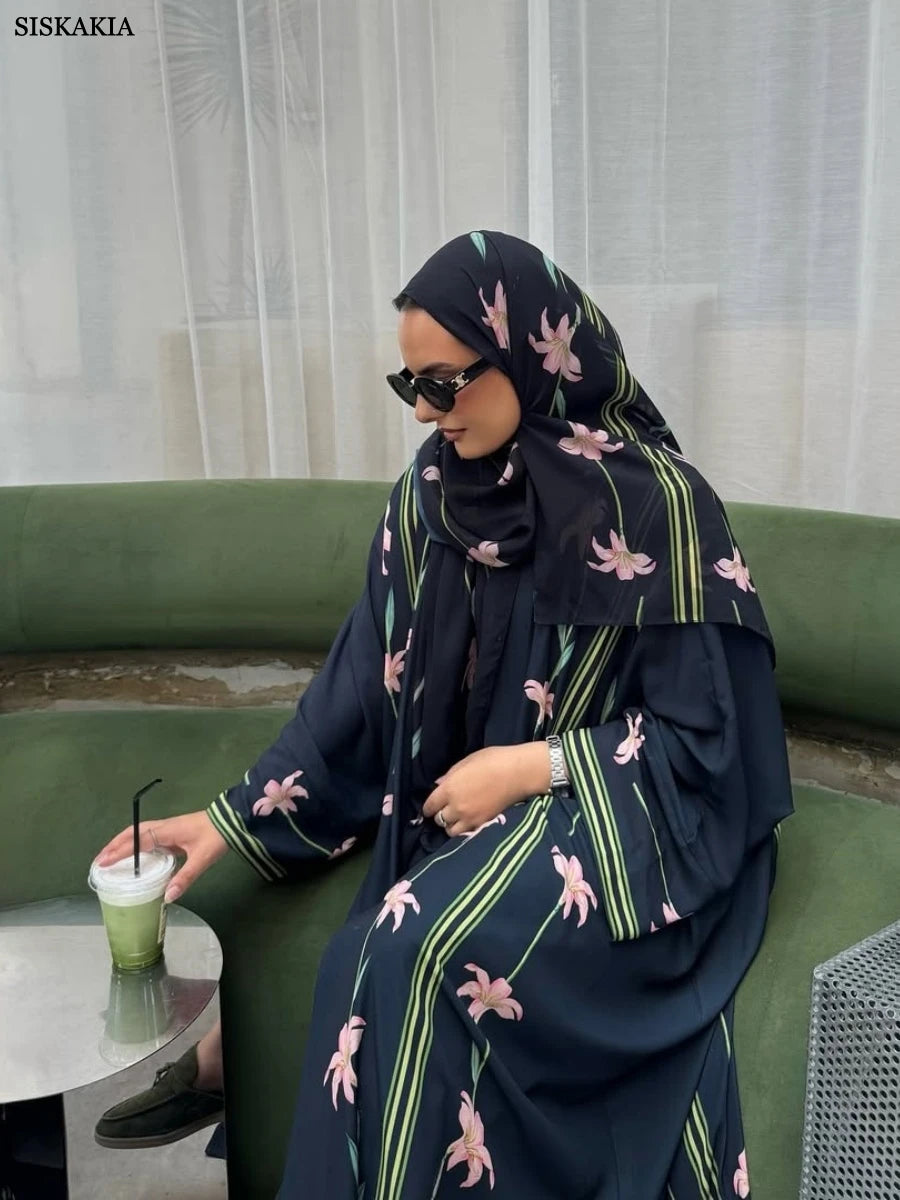 Siskakia Muslim Elegant Floral Print Women Open Abaya Mesh Hijab included Long Sleeve Kaftans