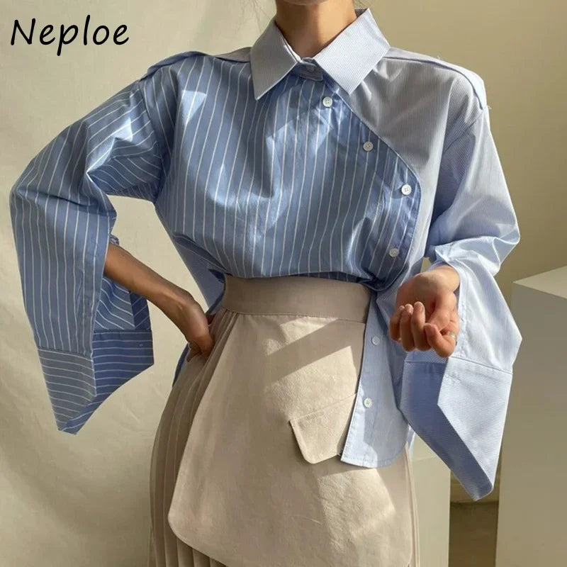 Neploe Korean Irregular Collar Design Long Sleeve Blouse Women Hit Color Striped Patchwork Loose Blusas Spring 2025 New Shirt