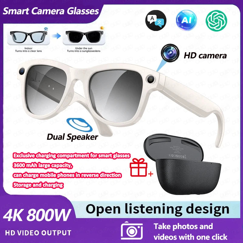 AI Smart Glasses 800W Pixel Camera Translation AI Voice Anti-Shake Video Record Dual Speaker Charging Case BT Call Smart Glasses