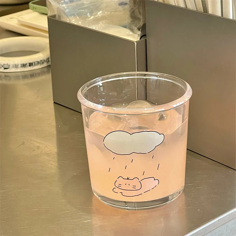 Kawaii Glass Cups Tumbler Iced Coffee Cup Aesthetic Cute Cat Korean Drinking Glasses Cups For Juice Beer Milk Tea Wine 400ml