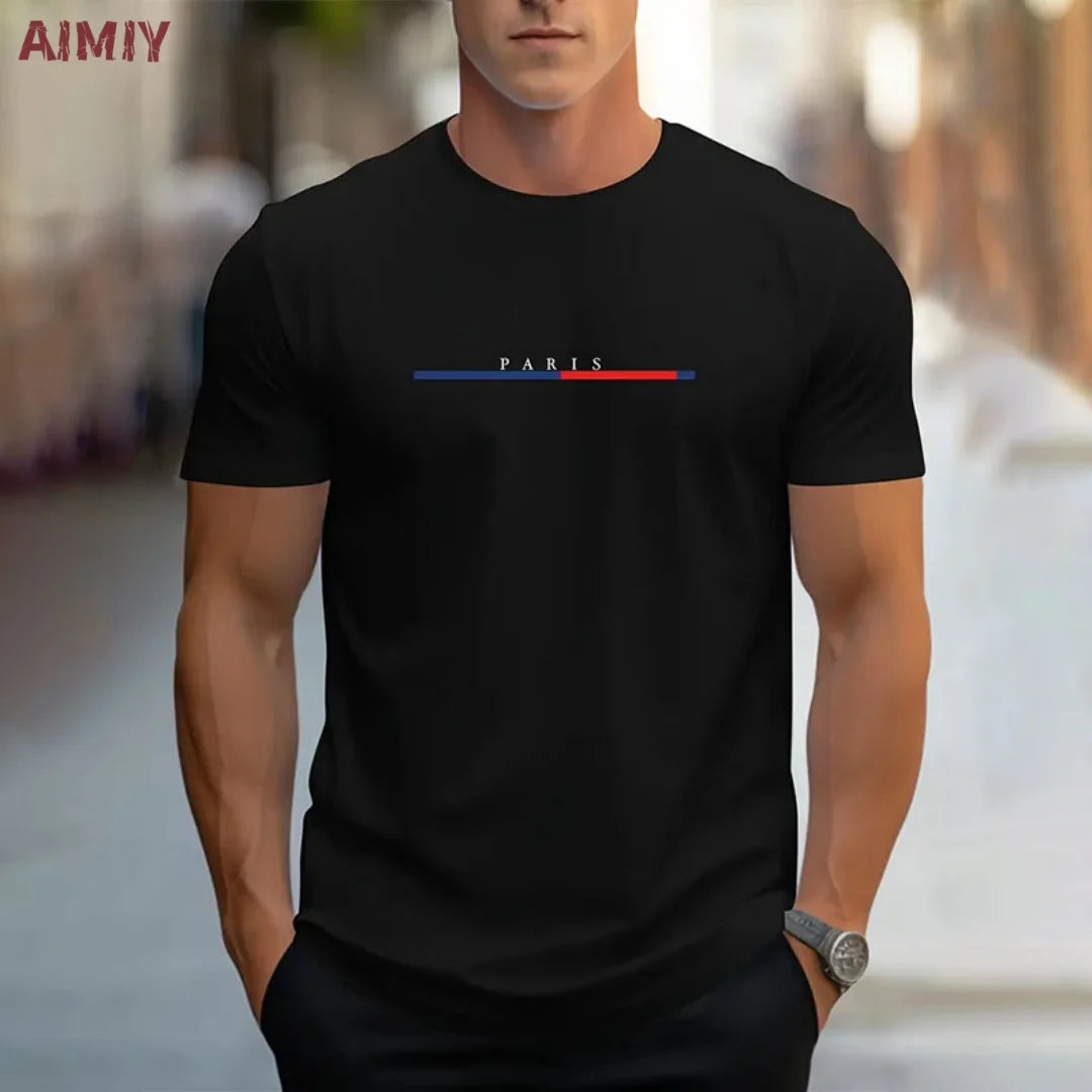 Summer Men's T-shirt Top Casual Loose Fit Oversized T-shirt PARI Letter Pattern Printed Round Neck Short Sleeved Homme Vêtement - Free Item.
