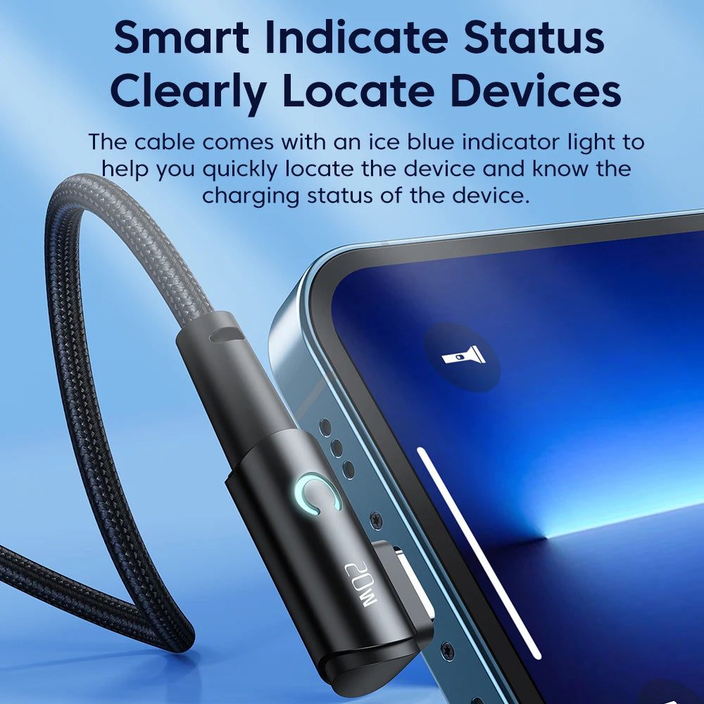 Toocki PD 20W USB Cable 90 Degree Elbow Data Cable Fast Charging For iPhone 14 13 12 11 Pro Max LED Indicator Phone Charge Cord