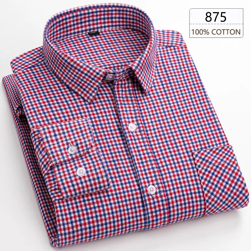 New Spring Long Sleeve Plaid Shirts For Men 100% Cotton Flannel Plus Size Easy care Confortable Top Casual Smart Dress Shirts