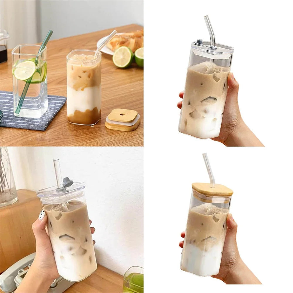 Square Heat Resistant Coffee Glass Cup With Lid and Straw 1pc Heat Resistant Glass Cup For Milk Tea Juice Iced Coffee & Smoothie