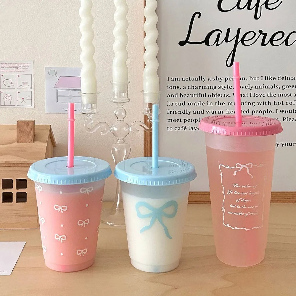 Kawaii 470/700ml Straw Cup with Lid Korean Water Bottle Plastic Reusable Drinking Bottles Coffee - Free Item.