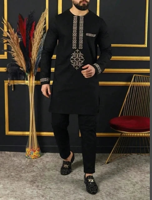 Kaftan Men's Suit African Ethnic Style Long Sleeve Solid Color Casual Suit Men's Traditional Clothing 2-piece Suit