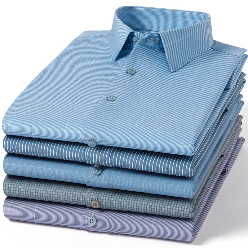 New Anti-Wrinkle Mens Plaid Stripe Shirts Autumn Spring Long Sleeve Thin Non-ironing Smooth Business Daily Social Man Clothing