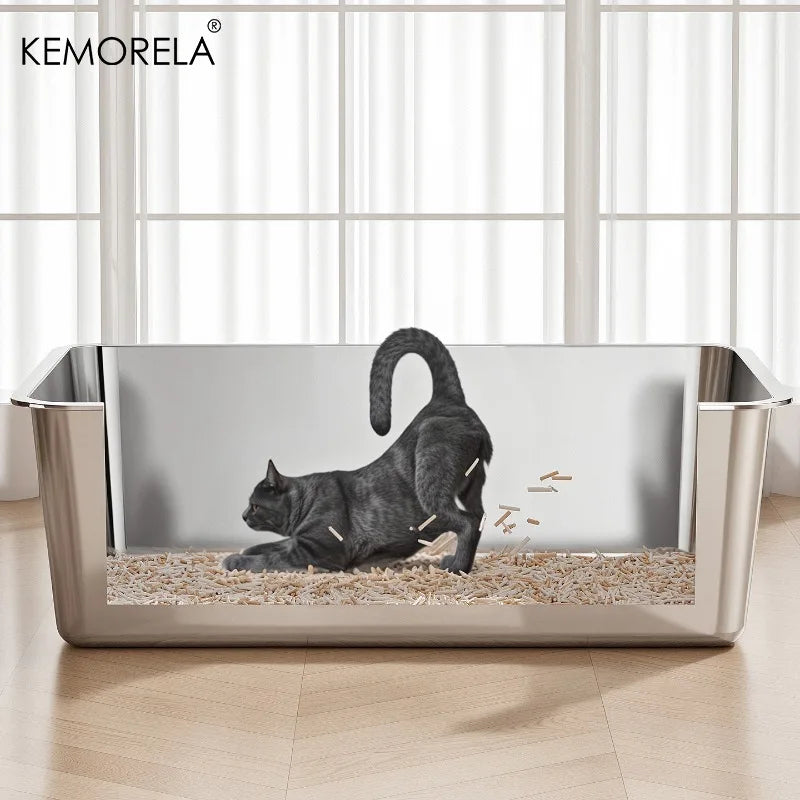 Extra Large Stainless Steel Litter Box, Non-Stick Odor-Free Metal Pan (Easy Clean, Hygienic Tray for Multiple Cats, Small Pets）