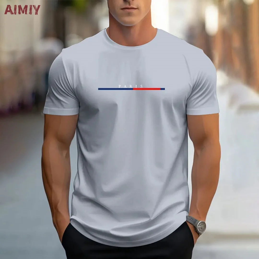 Summer Men's T-shirt Top Casual Loose Fit Oversized T-shirt PARI Letter Pattern Printed Round Neck Short Sleeved Homme Vêtement - Free Item.