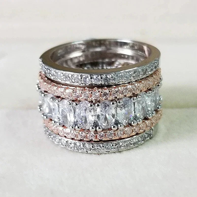 Huitan Luxury Two-Tone Wide Rings for Women Full Brilliant Cubic Zirconia Exquisite Superb Party Jewelry Trendy Chic Accessories - Free Item