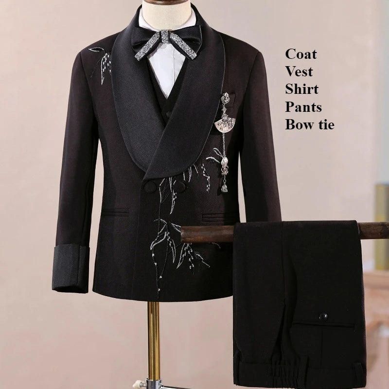 Boys Black Suit Three Piece Set Performance Gown Host Formal Wear Choir Stage Costume Birthday Party Evening Celebration Clothes
