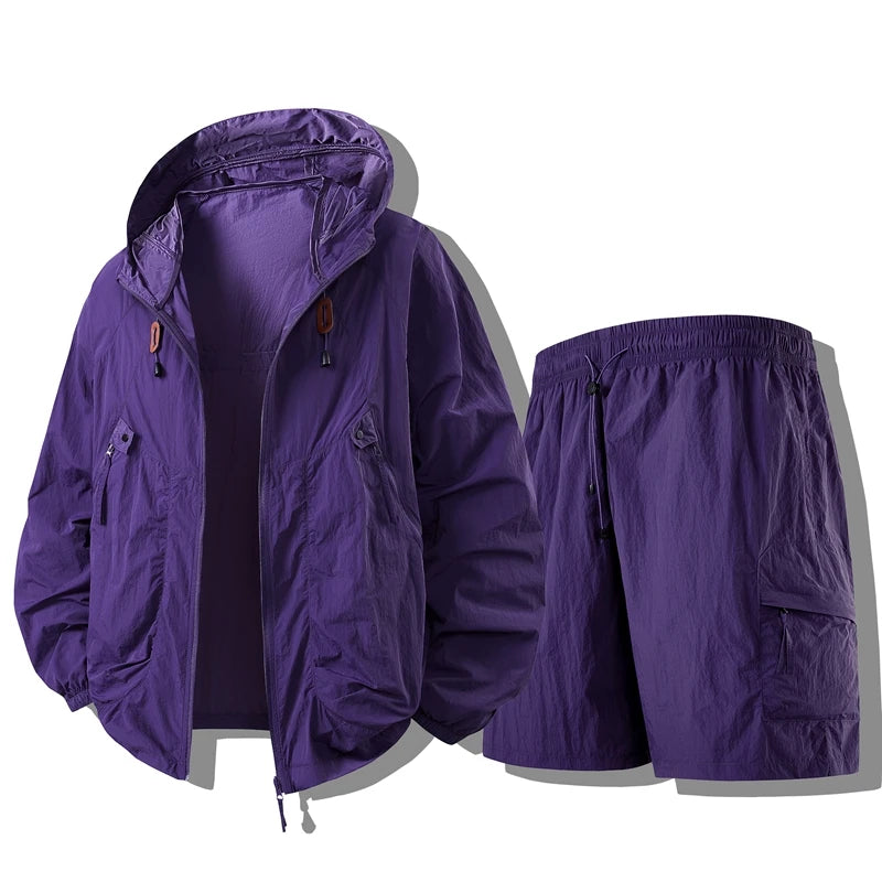 Men's Summer Thin Breathable Hat Sun Protection Suit Outdoor Fishing Climbing Function Couple Set Long Sleeve Short Pants