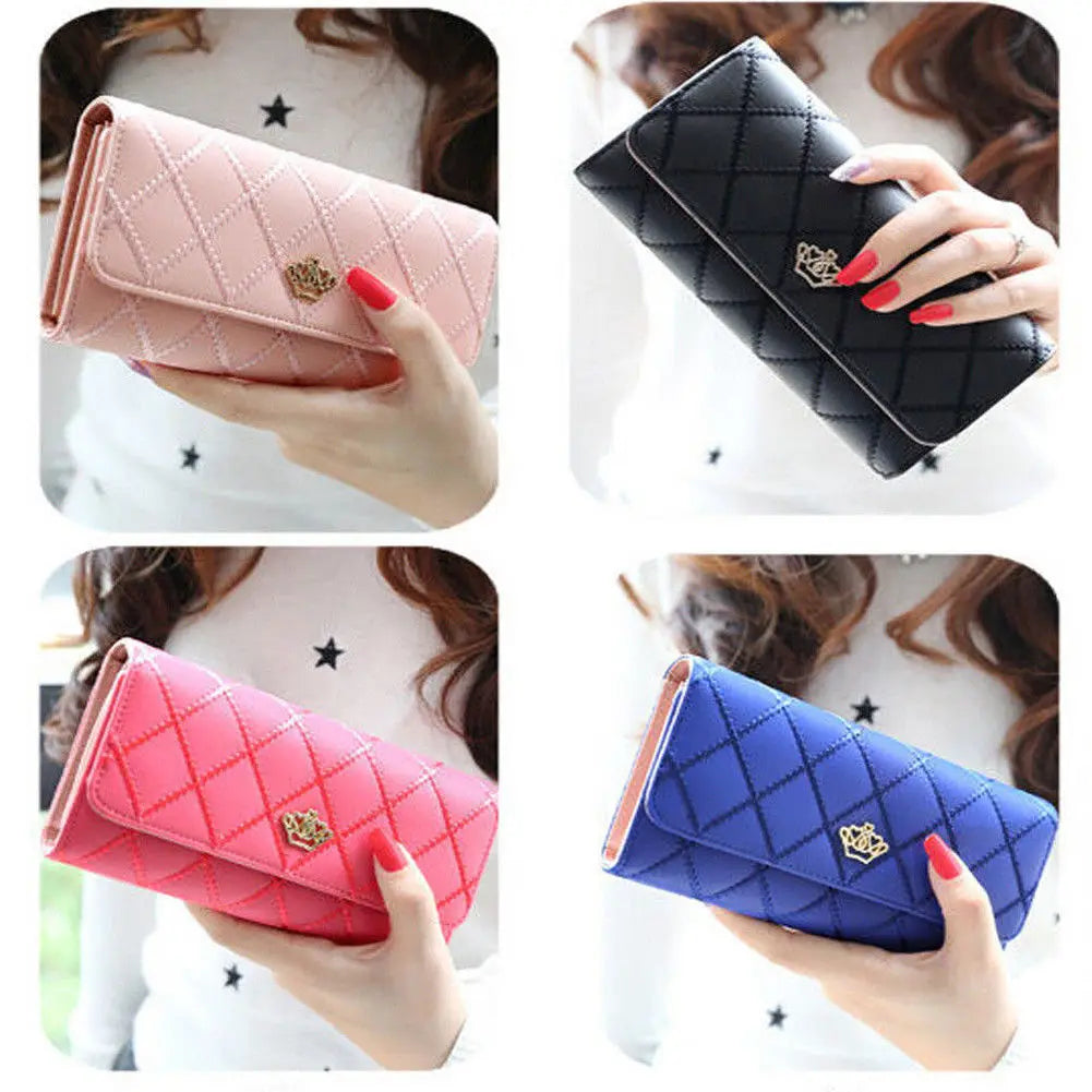 Fashion Women's Long Wallet Crown PU Leather Bifold Card Holder Money Purse Organizer Cellphone Handbag for Daily Use