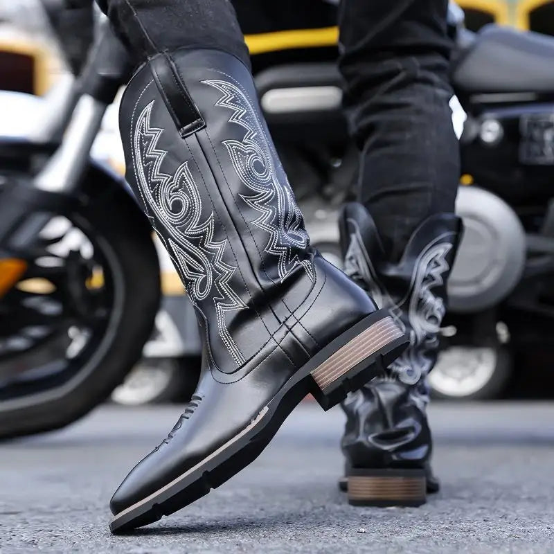 Men High Top Boots PU Low Heel Fashionable Retro Embroidery Classic Western Denim Men Boots