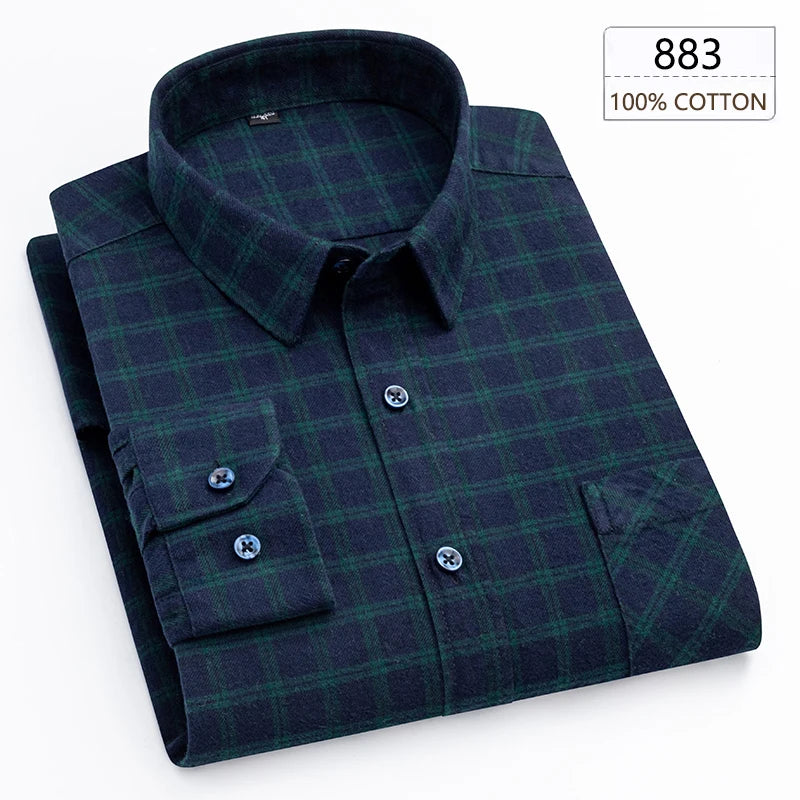 New Spring Long Sleeve Plaid Shirts For Men 100% Cotton Flannel Plus Size Easy care Confortable Top Casual Smart Dress Shirts