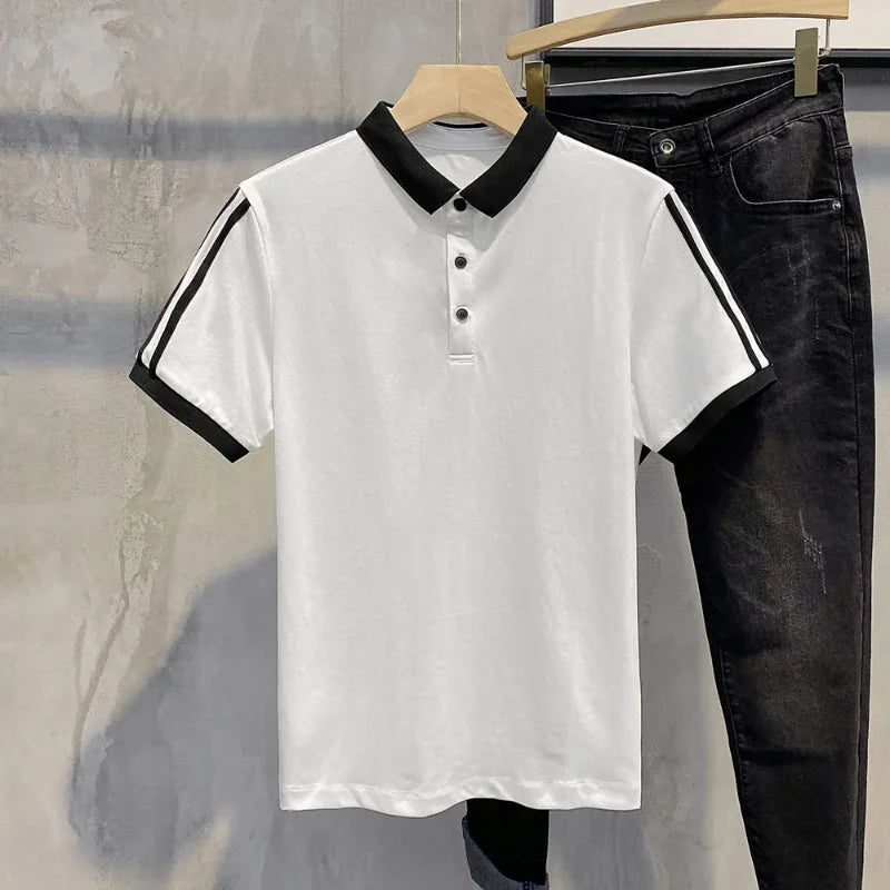 Clothes Black With Collar Male Tee Shirts Striped Polo Men's T-shirt New In Streetwear Ordinary Top Quick-drying Trend Popular