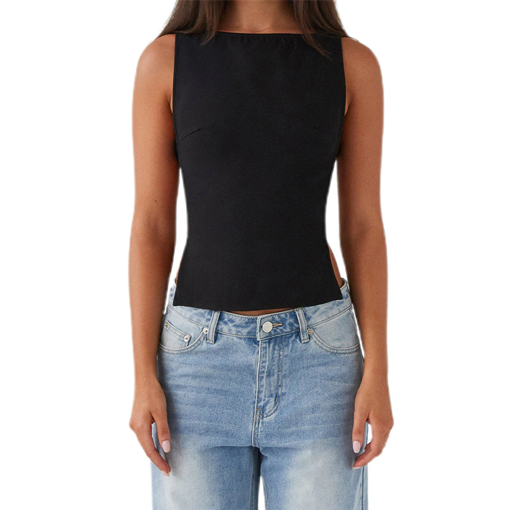 Women s Sleeveless Boat Neck Tank Tops with Side Buckle Detail - Solid Color  Fit Vest for Summer Style