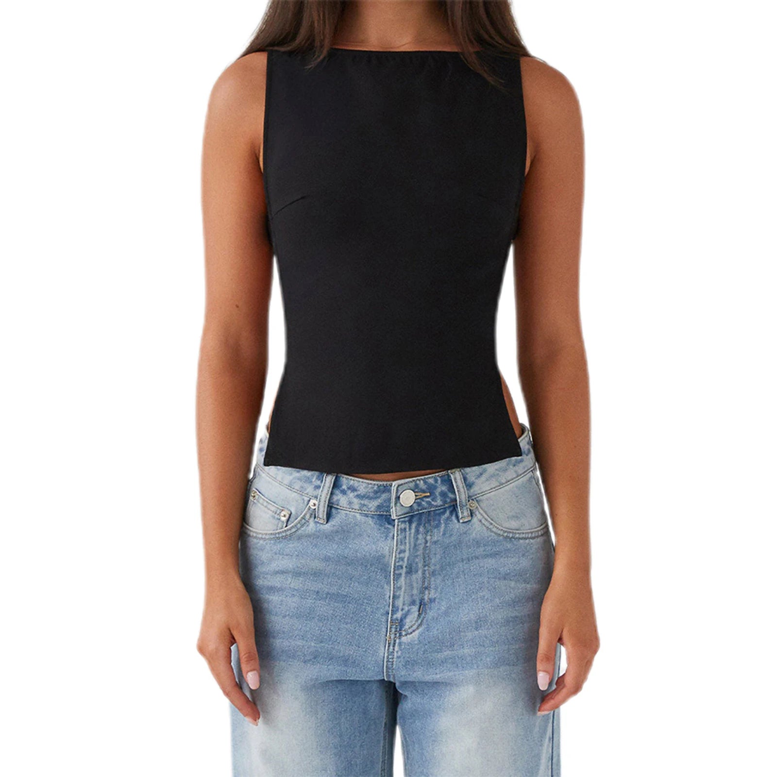 Women s Sleeveless Boat Neck Tank Tops with Side Buckle Detail - Solid Color  Fit Vest for Summer Style