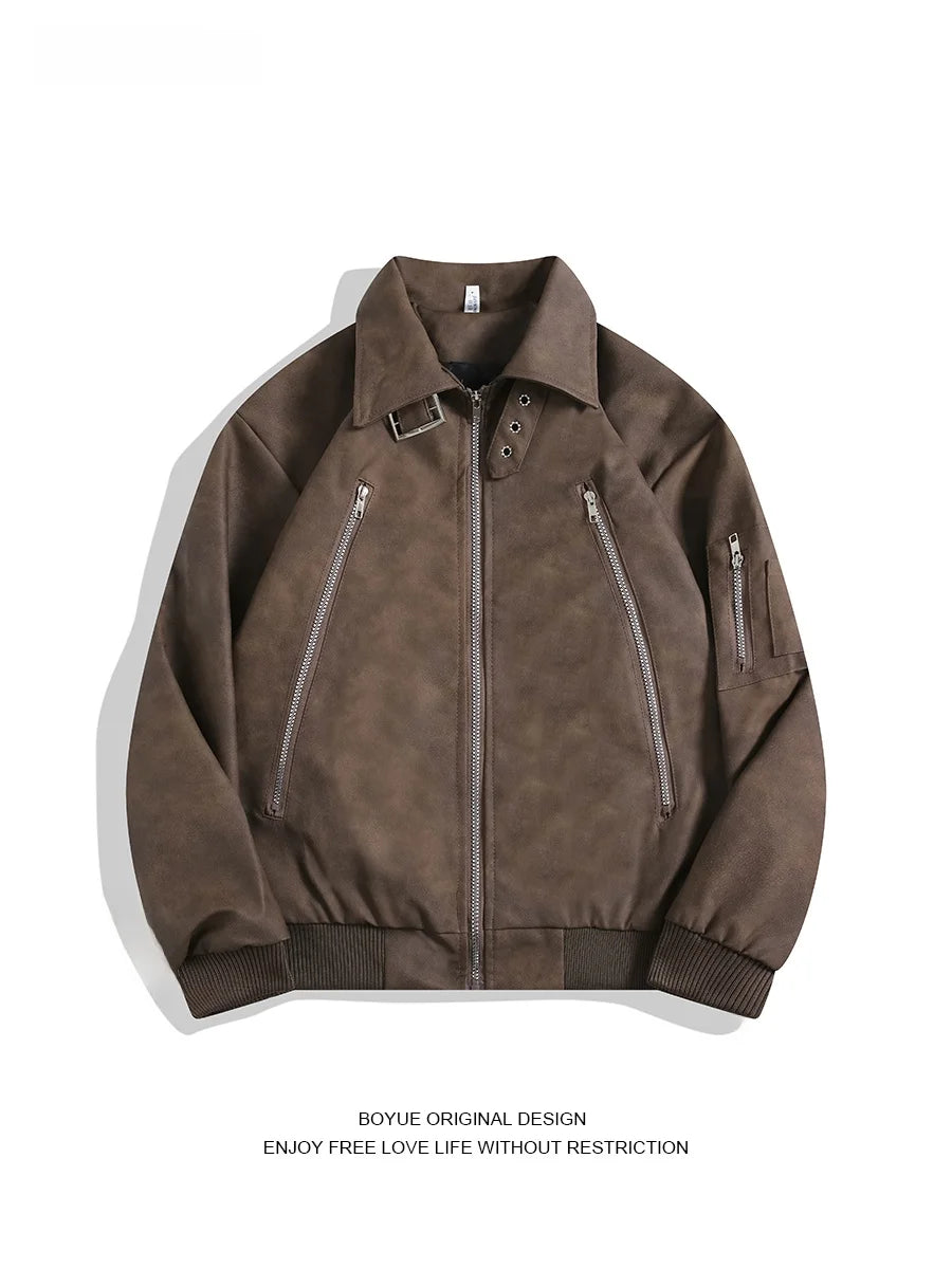 Boyue American Retro adient Leather Jaet Zipper Design Biker Jaet Cool Men's Jaet Loose Fit Long Sve Pure Color