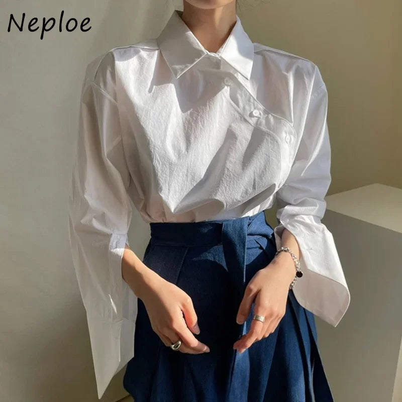 Neploe Korean Irregular Collar Design Long Sleeve Blouse Women Hit Color Striped Patchwork Loose Blusas Spring 2025 New Shirt