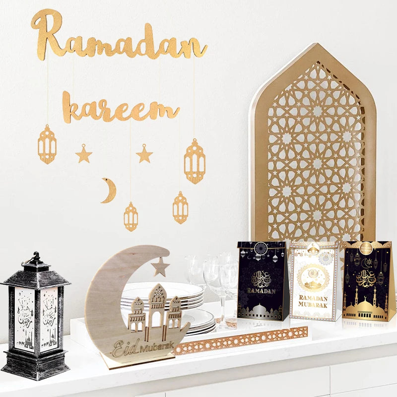 Ramadan Kareem Hanging Wooden Sign Islamic Holy Month Decor with Moon Star Lantern Pendants for Eid Wood Craft Home Decoration