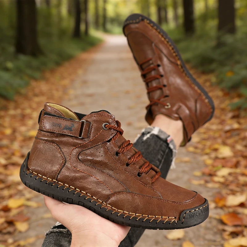 Retro Handmade Stitched Men's High-Top Leather Boots Comfortable Casual Shoes 2026 New Soft Sole Non-Slip Flat Luxury Work Shoes