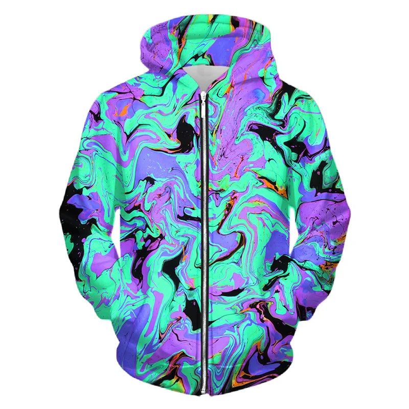 Cool Colorful Pattern Zip Hoodie Personality Street Harajuku Fashion Hooded Coat 3d Print Striped Dot 2024 Spring New Hoodies