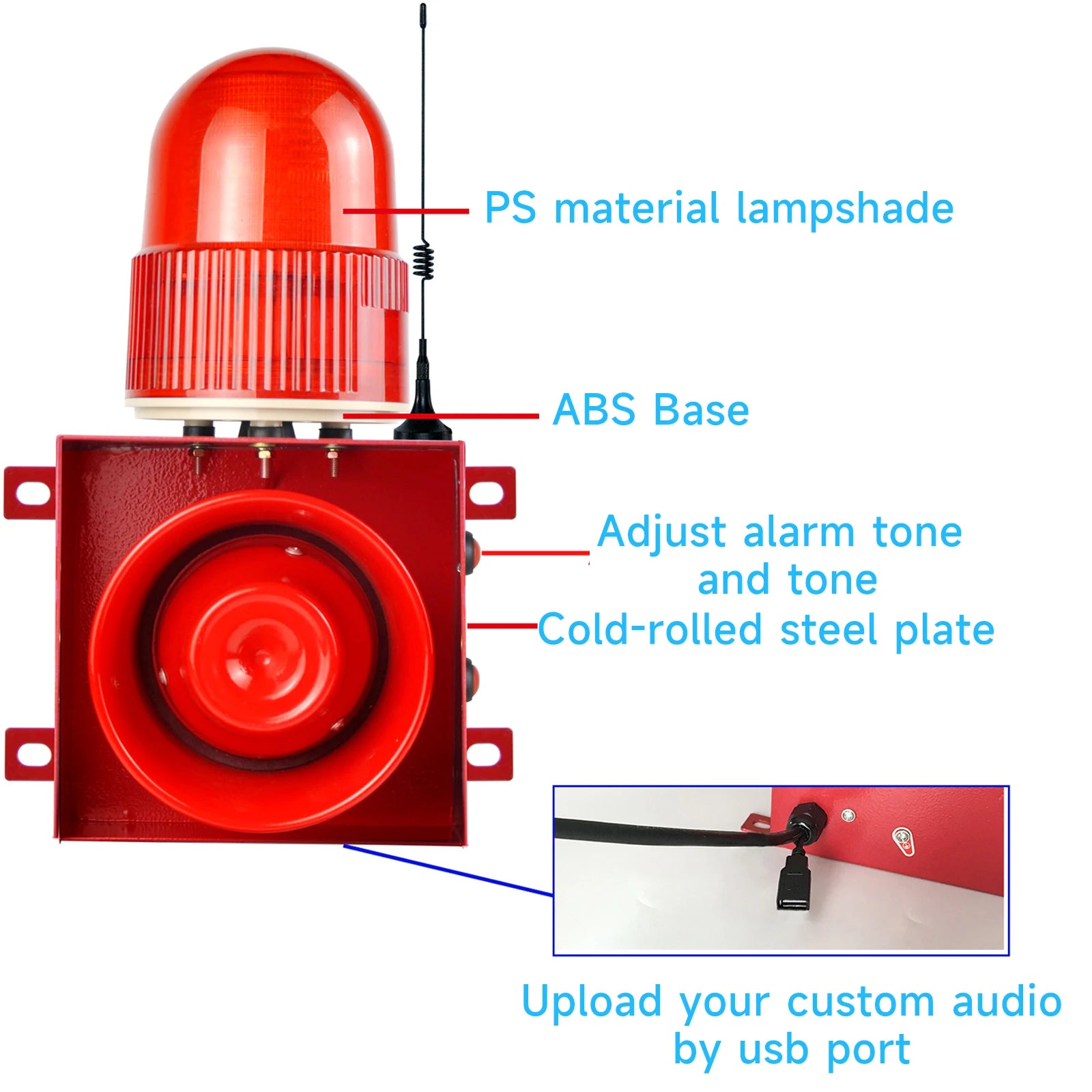 YASONG 1.2 mile Outdoor Remote Control 120dB Speaker, 12 Tones Adjustable Alarm Siren with USB Port, Strobe light
