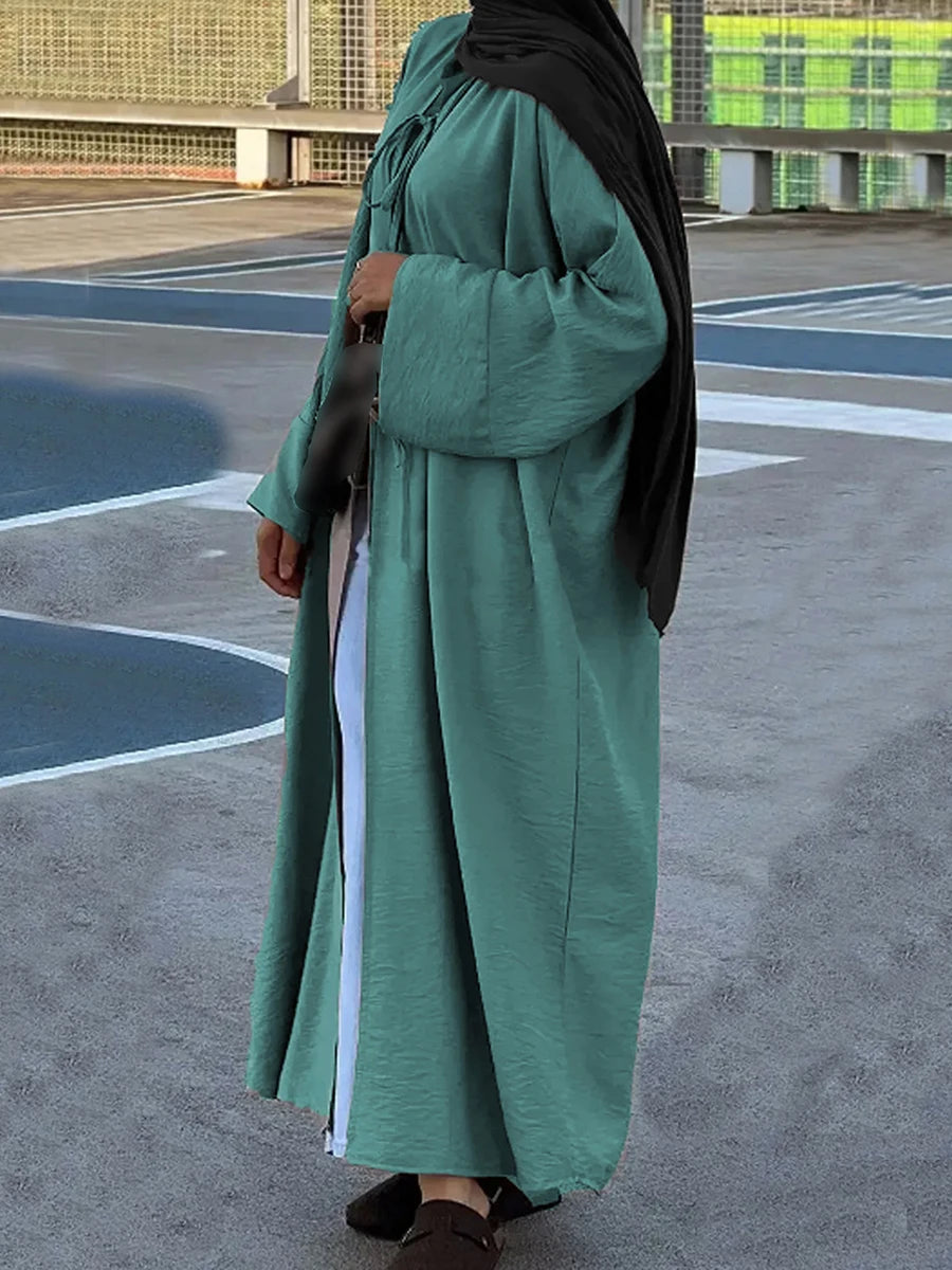Elegant Women s Caftan Dress with Long Sleeves and V-Neckline Stylish Tie-Front Cardigan in Solid Color Loose-Fitting Arab
