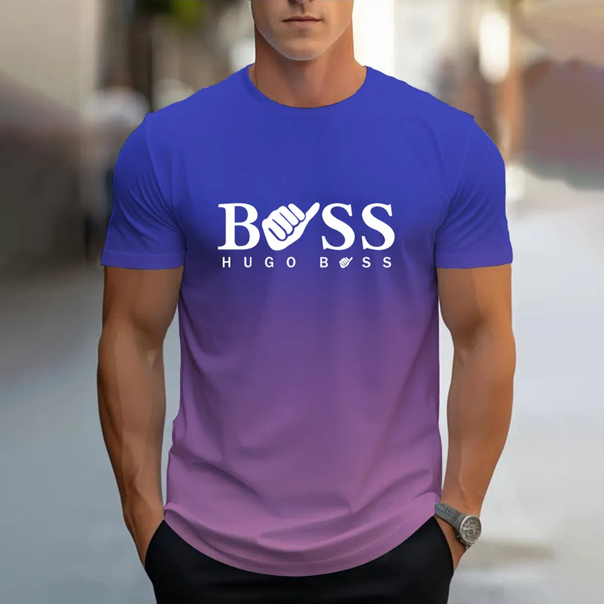 men's summer clothing casual gradient color short sleeved digital letter printed casual versatile round neck T-shirt top for men