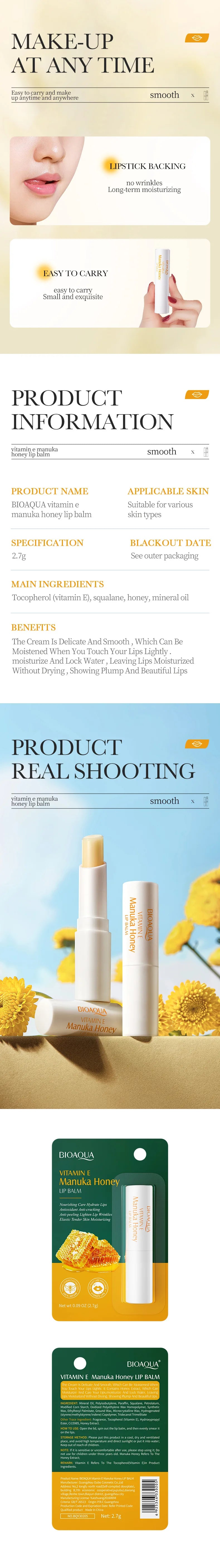 BIOAQUA Vitamin E Honey Lip Balm Moisturizing Anti Cracking Nourishing Nourishing Lipstick Lips Skin Care Products