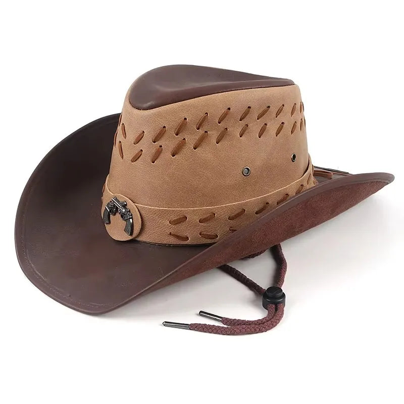 Classic Western Men's Cowboy Hat Women Cowgirl Cap Faux Leather Black Outdoor Casual Sombrero Hombre With Windproof Rope